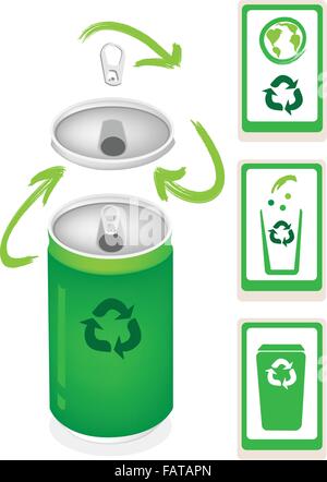 Recycle Concept Or Save The Earth Concept, An Illustration Collection of Open Green Can with A Recycle Sign and Recycling Bins Stock Vector