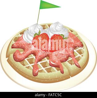 Vector illustration of a waffle topped with whipped cream, chocolate ...