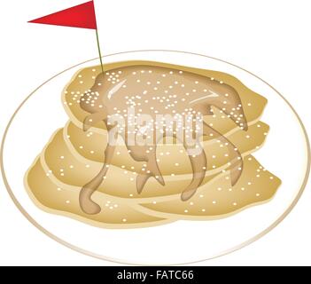 A Stack of Freshly Homemade Pancakes with Icing, Syrup and A Little Red Flag on White Plates, Isolated on White Background Stock Vector