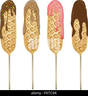 Sweet Food and Dessert Food, An Illustration Collection of Golden Brown Homemade Corn Dogs or Hot Dog Waffles on A Stick in Vari Stock Vector