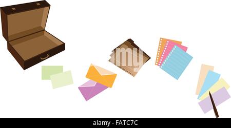 An Illustration of Open Dark Brown Briefcase with Office Supply, Note Paper, Spiral Paper, Envelope, File Folder and Pen fro Bus Stock Vector