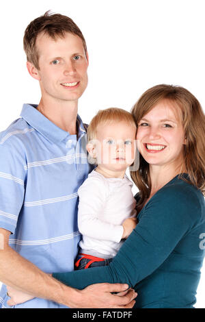 Caucasian family with mom dad and baby boy. Image is isolated on a white background. Stock Photo