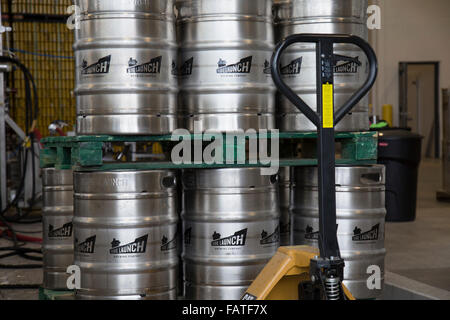 Beer barrels inside the Side Launch brewery in Collingwood, Ontario, Canada. Stock Photo