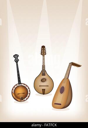 Music Instrument, An Illustration of A Beautiful Antique Musical Instrument Strings, Bluegrass Mandolin, Banjo and Lute on Beaut Stock Vector