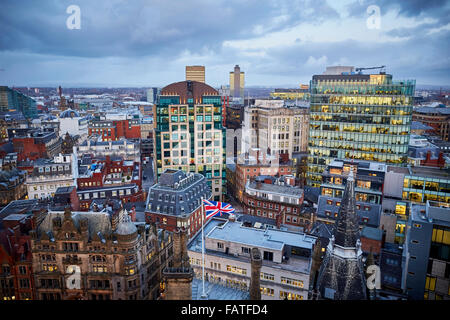 View from Manchester Town Hall clock tower looking at building looking towards 82 king Street   Manchester skyline above sunset Stock Photo