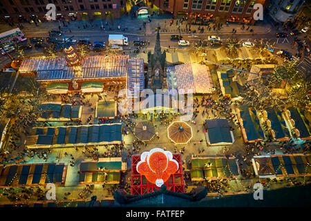 Manchester city centre German style Christmas Markets 2015 in Albert Square   landmark above looking down on Market bazaar vendo