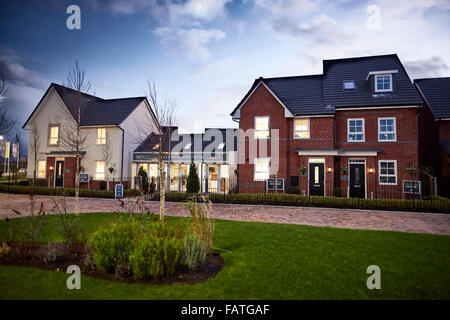 Barratt Highgate Park show homes in Warton north Preston, near Lytham St Anne Lancashire   new build street evening night dusk d Stock Photo