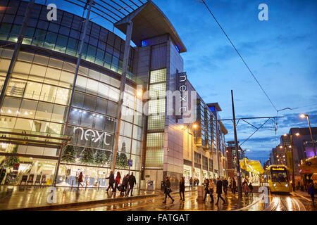Manchester Metrolink tram along second crossing at the Arndale Exchange Square   Tram metrolink light rail rapid commuters trans Stock Photo