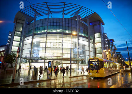 Manchester Metrolink tram along second crossing at the Arndale Exchange Square   Tram metrolink light rail rapid commuters trans Stock Photo