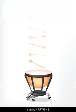 Music Instrument, An Illustration of A Beautiful Retro Style Classical Timpani or Kettle Drum with Many Drumsticks on White Back Stock Vector