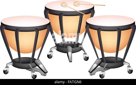 Music Instrument, An Illustration of Three Retro Style Classical Timpani or Kettle Drum on White Background Stock Vector