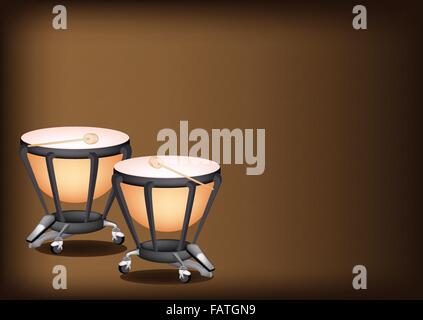 Music Instrument, Illustration of Two Retro Style Classical Timpani or Kettle Drum on Beautiful Vintage Dark Brown Background wi Stock Vector