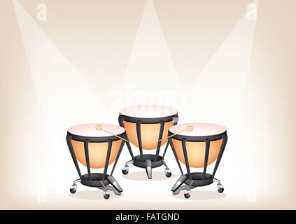 Music Instrument, Illustration of Two Retro Style Classical Timpani or Kettle Drum on Vintage Brown Stage Background with Copy S Stock Vector