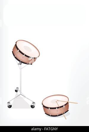 Music Instrument, An Illustration of Two Beautiful Retro Style Classical Snare Drum on Stand and Snare Drum with Drumsticks Stock Vector