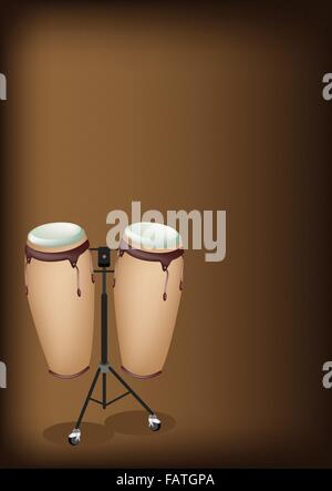 Music Instrument, An Illustration of A Retro Style Classical Conga Drums on Stand with Drumsticks on Beautiful Vintage Dark Brow Stock Vector