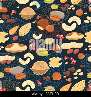 Seamless graphic pattern of different nuts on a dark background with leaves Stock Vector