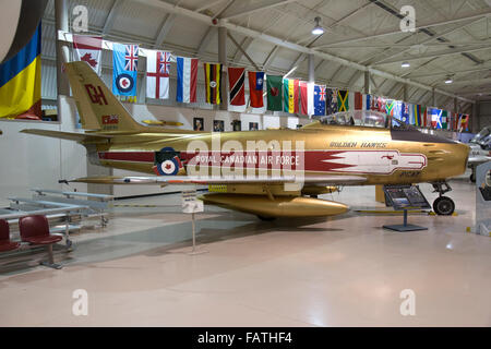 An exhibit inside the Canadian Warplane Heritage Museum in Hamilton, Ontario. An RCAF 1956 Canadair CL-13B Sabre 6. Stock Photo