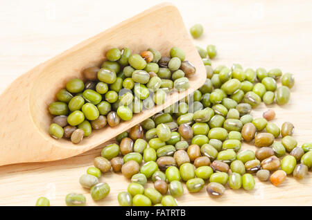 Healthy nutrition green raw organic mung beans in wooden spoon. Stock Photo