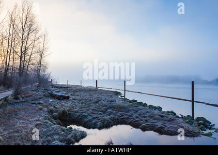 An early foggy morning on the banks of the Fraser River in Vancouver Stock Photo