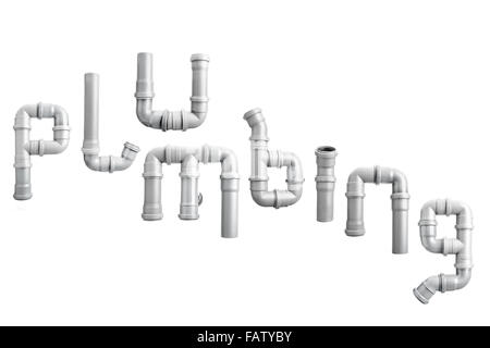 Plumbing word arranged from different PVC piping elements shot on white Stock Photo