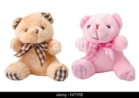 Toy teddy bear and pink bear on white backgrounhd. Stock Photo