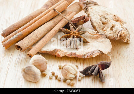 Various Spices on wooden background Stock Photo
