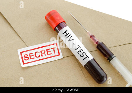 Sample blood collection tube with HIV test label on brown envelope and and secret result diagnosis. Stock Photo