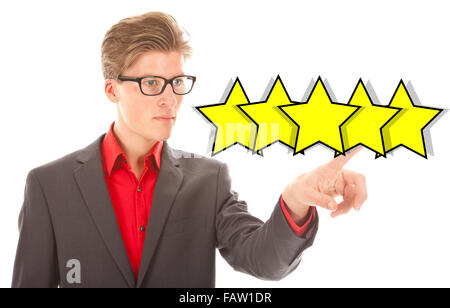 European businessman ranking with five yellow stars isolated on white background Stock Photo