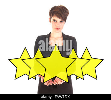 Businesswoman with ranking stars isolated on white background Stock Photo