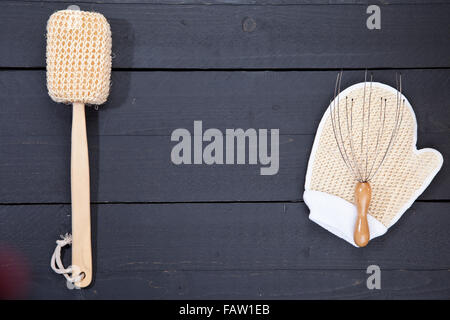 Sauna bath objects on dark wooden background Stock Photo