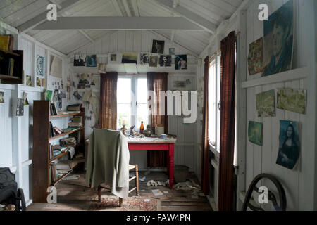 Interior view of Welsh poet Dylan Thomas writing shed in Laugharne Carmarthenshire Wales, UK  KATHY DEWITT Stock Photo