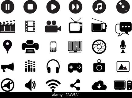 Multimedia black and white icons set Stock Vector