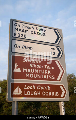 Maumturk Mountains Sign, Connemara National Park; Galway; Ireland Stock Photo