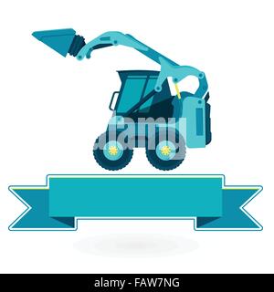 Blue small digger builds roads, loads building material. Bagger digging of sand coal rock. Flatten illustration master vector. Stock Vector
