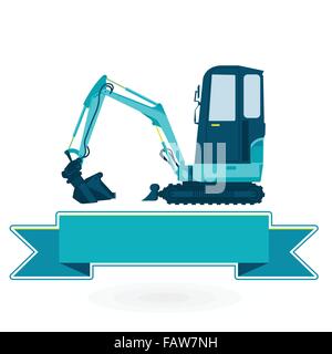 Blue small digger builds roads, loads building material. Bagger digging of sand coal rock. Flatten illustration master vector. Stock Vector