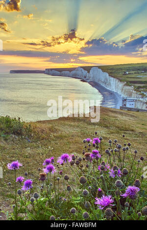 Birling Gap and the Seven Sisters, Sussex at sunset Stock Photo