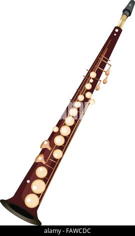 Music Instrument, An Illustration Brown Color of Golden Vintage Soprano Saxophone Isolated on White Background Stock Vector