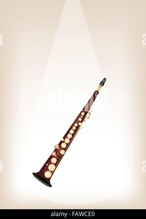 Music Instrument, An Illustration Brown Color of Golden Vintage Soprano Saxophone on Brown Stage Background with Copy Space for Stock Vector