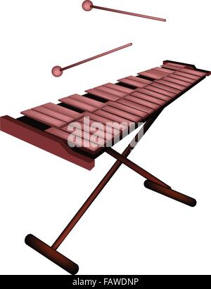 Music Instrument, An Illustration of Xylophone, Vibraphone or Marimba on Stand and Two Beater Isolated on White Background Stock Vector