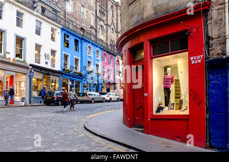 View of shops on historic Victoria Street and West Bow in Old Town of Edinburgh Scotland United Kingdom Stock Photo