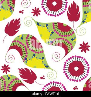 Colorful Paisley seamless pattern in yellow and red colors and seamless pattern in swatch menu, vector image Stock Vector