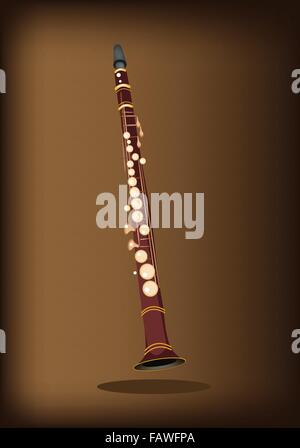 Music Instrument, An Illustration Brown Color of Vintage Clarinet on Beautiful Dark Brown Background with Copy Space for Text De Stock Vector
