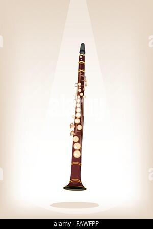 Music Instrument, An Illustration Brown Color of Vintage Clarinet on Brown Stage Background with Copy Space for Text Decorated Stock Vector