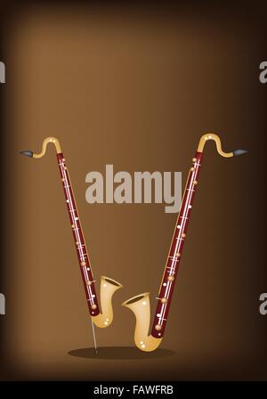 Music Instrument, An Illustration Brown Color of Vintage Bass Clarinet and Alto Clarinet on Beautiful Dark Brown Background with Stock Vector