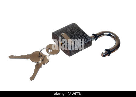 an opened  padlock with keys on a white background Stock Photo