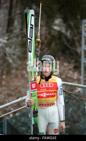 Bischofshofen, Austria. 05th Jan, 2016. Peter Prevc of Slovenia is on the way to the training session of the fourth stage of the Four Hills ski jumping tournament in Bischofshofen, Austria, 05 January 2016. Photo: Daniel Karmann/dpa/Alamy Live News Stock Photo