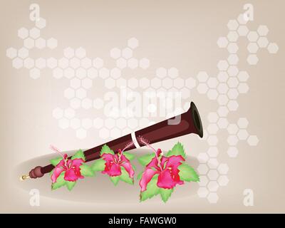 Music Instrument, An Illustration Brown Color of Wooden Serunai and Red Hibiscus Flowers or Bunga Raya on Brown Background with Stock Vector