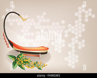 Music Instrument, An Illustration of A Saung and Yellow Color of Padauk Flower or Papilionoideae Flower on Beautiful Vintage Bro Stock Vector