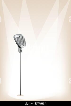 An Illustration Collection Various Kind of Microphone in Modern and Retro Style on Brown Stage Background with Copy Space for Te Stock Vector