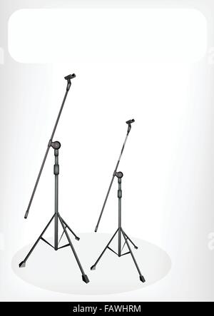Music Equipment, Illustration of Two Modern Microphone Stand with White Label for Copy Space and Text Decorated Stock Vector
